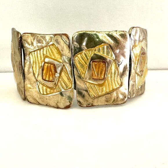 Silver and gold tone hinged bangle bracelet - Picture 1 of 8